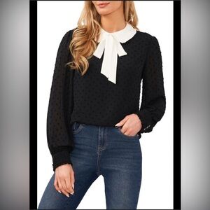 Cece Women’s Ruffled Collar Black & White tie top with pointelle texture Sz M